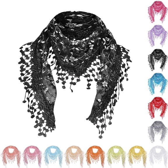 Bmisegm Womens Scarf Elegant Lace Tassel Floral Triangle Soft Wrap Shawl Lightweight Style Summer Scarf for Women Lightweight Black