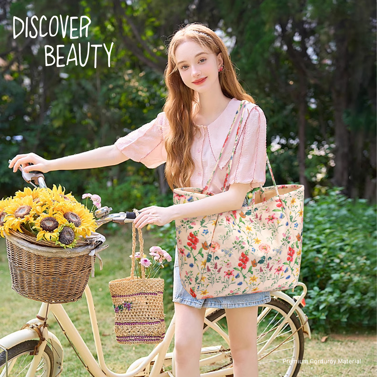 Gocvo Extra Large Corduroy Tote Bag in Retro Flower photo 2