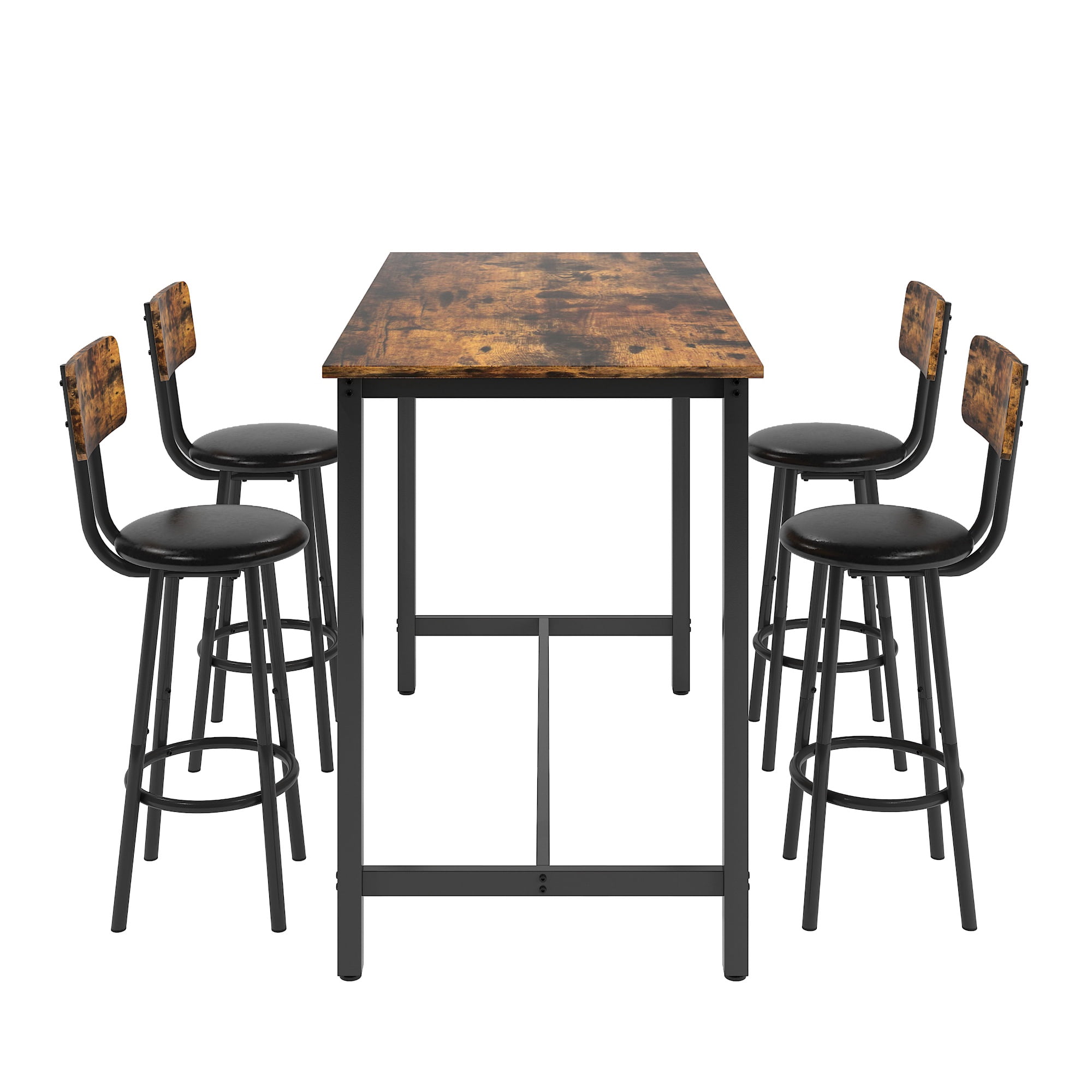 PORKISS Counter Height Dining Set for 4, Breakfast Bar Table Set with Table and 4 Leather Cushion Chairs, Wood Top Pub Table & Chair Set for Kitchen Apartment Bistro, Brown
