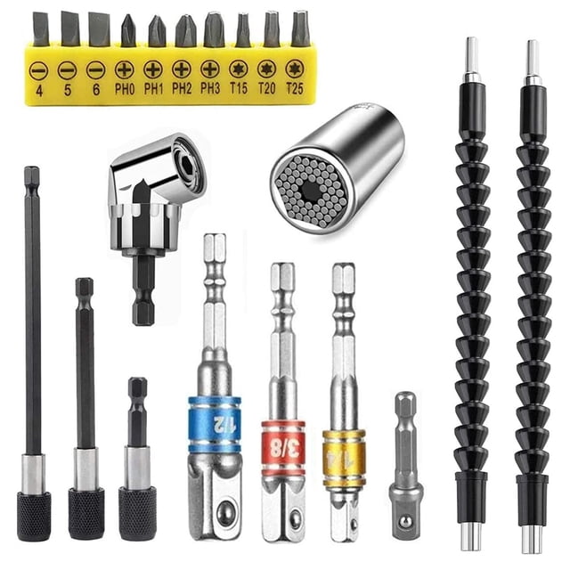 21 Pcs Flexible Drill Bit Extension Set Include 1/2 3/8 1/4 inch Universal Socket Adapter&105°