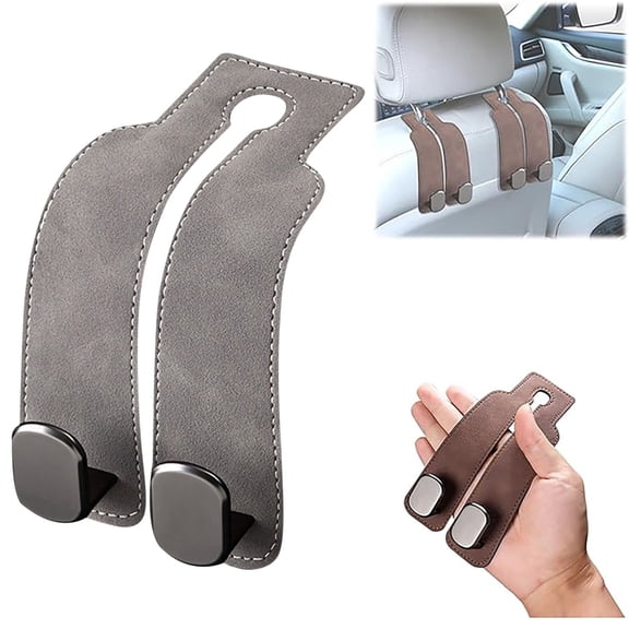 2 Pack Grey Leather Car Seat Headrest Double Hooks Organizer | Durable Leather & Metal Bag Holder | Car Seat Back Phone Mount | Space Saving Purse Hook for Wallets Bags | Fits Most Vehicles