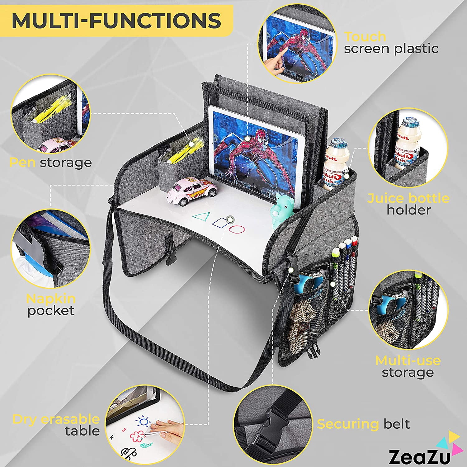 ZeaZu Kids Travel Tray with Bag Foldable Toddler Car Seat Tray 17.5D x 12.5W x 2H inch, Silver