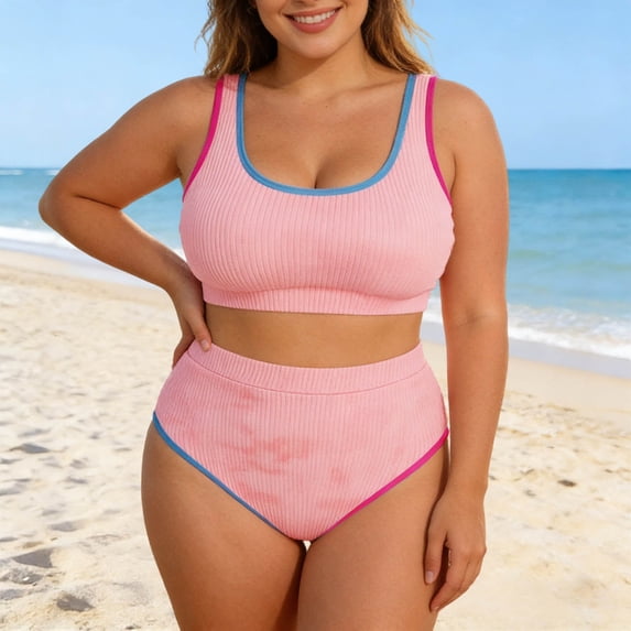 Gradient Print Plus Size Two Piece Swimsuit For Control Bathing With High Waisted Bottoms