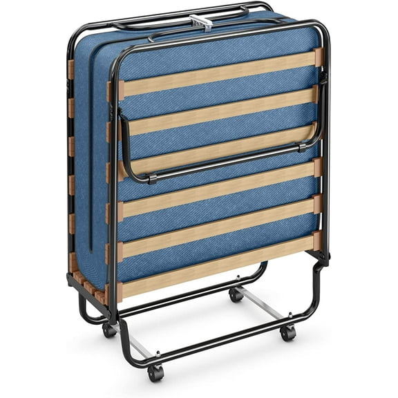 RELAX4LIFE Folding Bed with Mattress, Rollaway Guest Bed w/Metal Frame, Memory Foam Mattress, Portable Fold Up Bed for Small Space Apartment Home, 75’’ x 32’’ Cot Size, Foldable Bed for Adults (Navy)