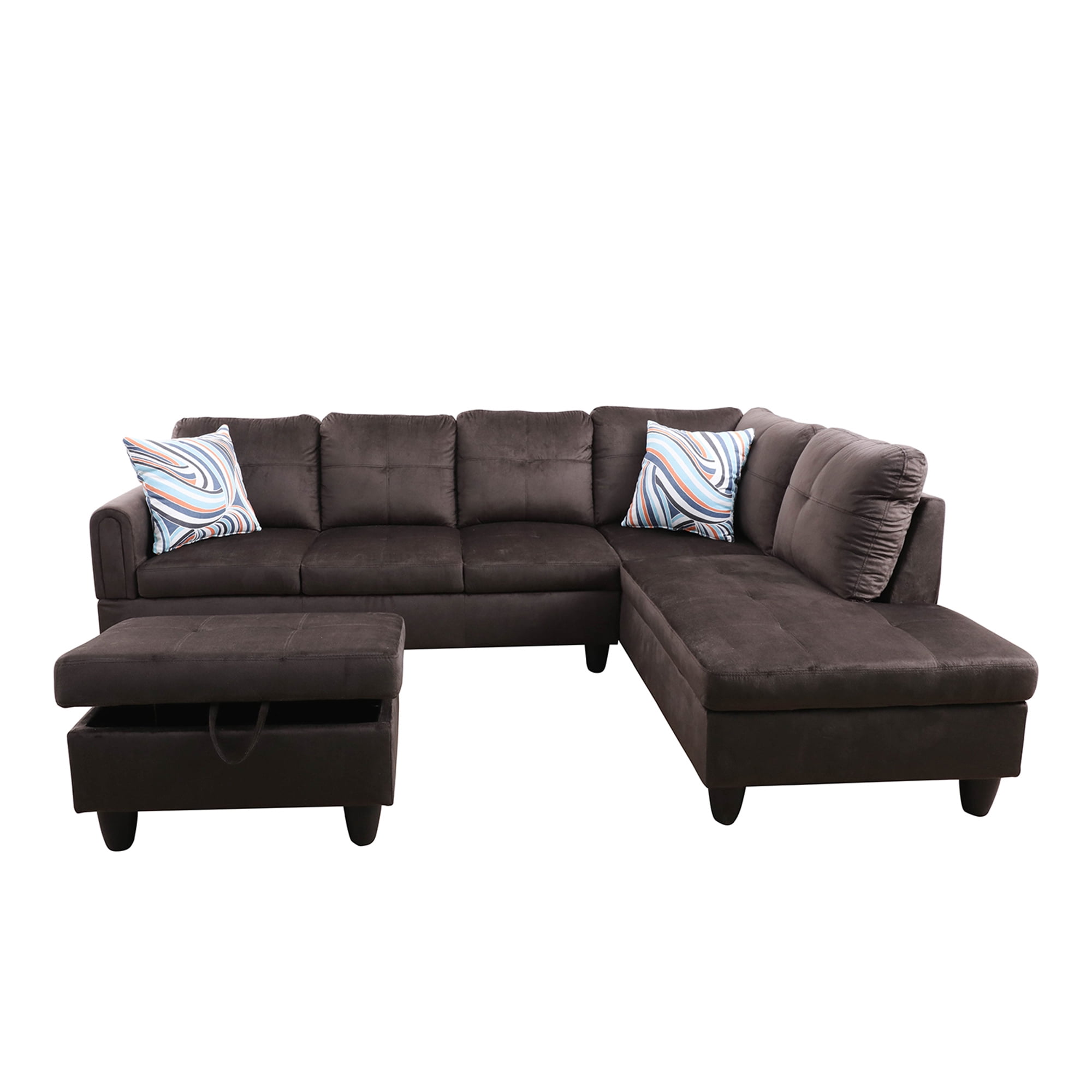 Aukfa Sectional Sofa, Living Room Couch with Storage Ottoman, Right Facing Chaise, Flannel, Espresso