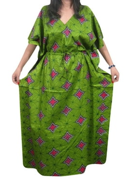 Mogul Women Green Printed Kimono Kaftan Beach Cover Up Sleepwear Long Maxi Caftan