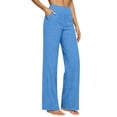 thumbnail image 2 of Women's Cotton Linen High Waist Pants, Casual Straight Leg Trousers with Pockets and Button Front, Elastic Waist Relaxed Wide Leg Pants for Travel, Date and Daily Wear Light Blue L, 2 of 8