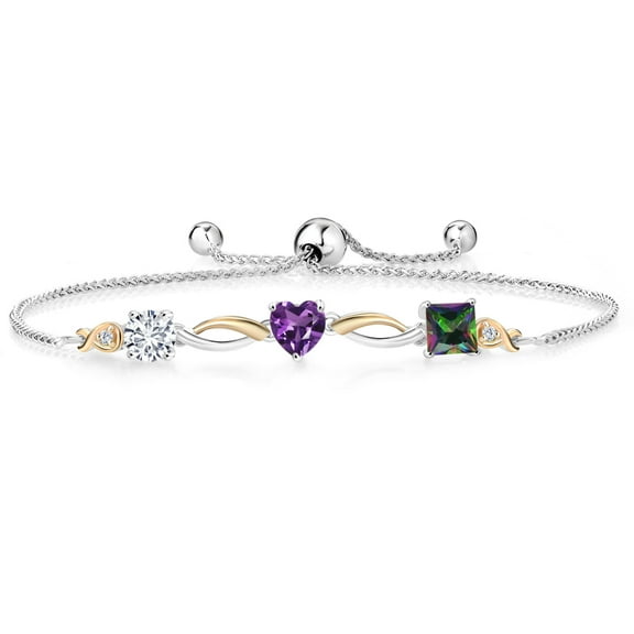 Gem Stone King 925 Silver and 10K Yellow Gold Purple Amethyst Green Mystic Topaz and Lab Grown Diamond Tennis Bracelet for Women By Keren Hanan (2.10 cttw, Adjustable up To 9 inch)