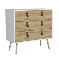 Depot E-Shop Toka 3 Drawers Dresser with Handles and Wooden Legs, White / Macadamia -Bedroom