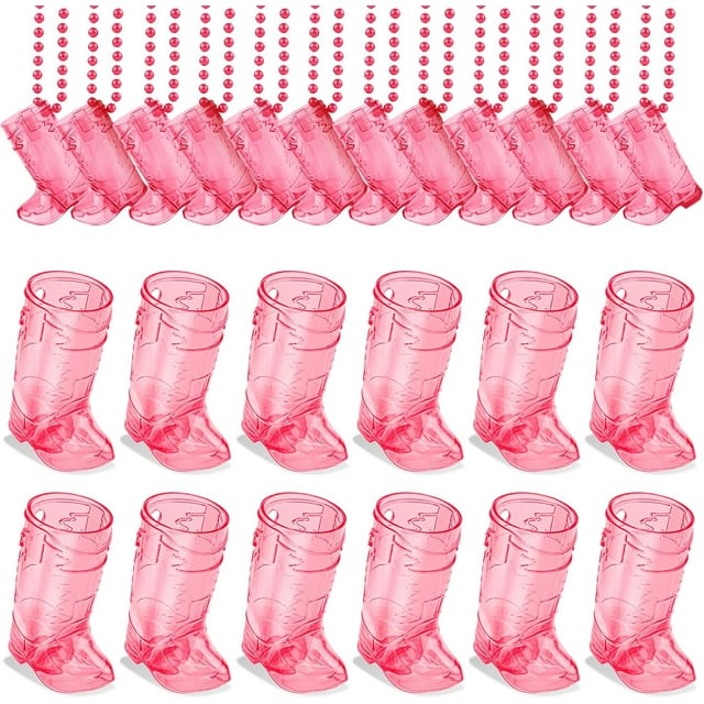 24 Pcs Mini Verres à Shooter Bottes de Cowboy avec Colliers Perlés Roses - Plastique Alimentaire Sans BPA, Capacité de 1oz, Incassable Décorations de Fête Occidentale pour Anniversaires de Cowboy, Enterrement de Vie de Jeune Fille, Far West