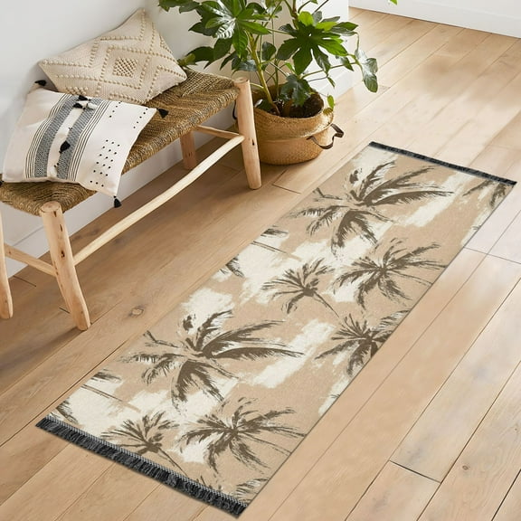 Ryvnso Retro Palm Tree Pattern Bedroom Runner Rug 2'x6' Hallway Area Carpet Non Slip Entryway Mat with Tassels