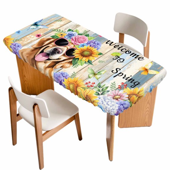 Spring Dog Table Cloths for 4 Foot Rectangle Tables, Retro Watercolor Botanical Floral Sunflower Patio Waterproof Elastic Fitted Tablecloths, Washable Rectangular Table Cover for Camping
