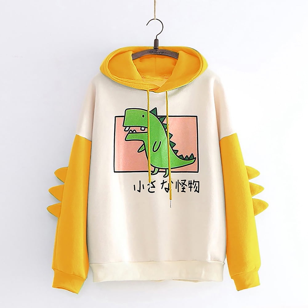 Cartoon Dinosaur Hoodie for Teen Girls Long Sleeve Sweatshirt Pocket Cute Tops Japanese Printing Sweater 