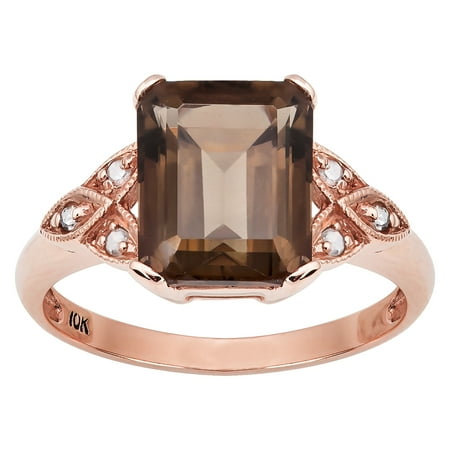 Vintage Gumball Ring - 10k Rose Gold Vintage Style Genuine Emerald-cut Smoky Quartz and Diamond Ring
