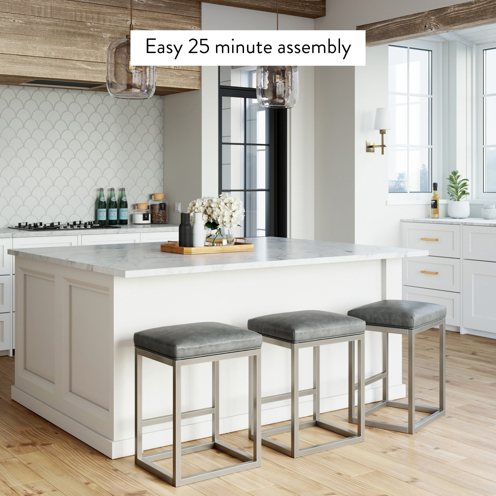 Nathan James Nelson Bar Stool with Leather Cushion and Metal Base, 24", Gray/Stainless Steel