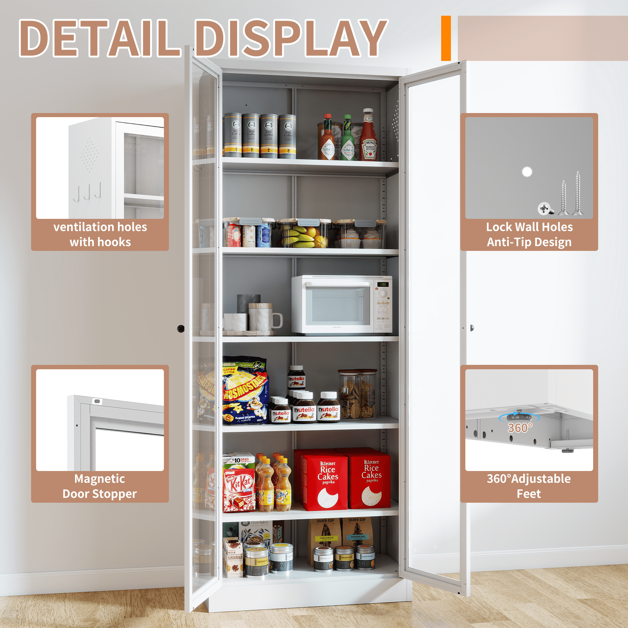 Jopath Metal Kitchen Pantry Cabinet,72" Tall Freestanding Storage Cabinet with 5 Adjustable Shelves & Glass Doors for Kitchen,Pantry,Bathroom,White