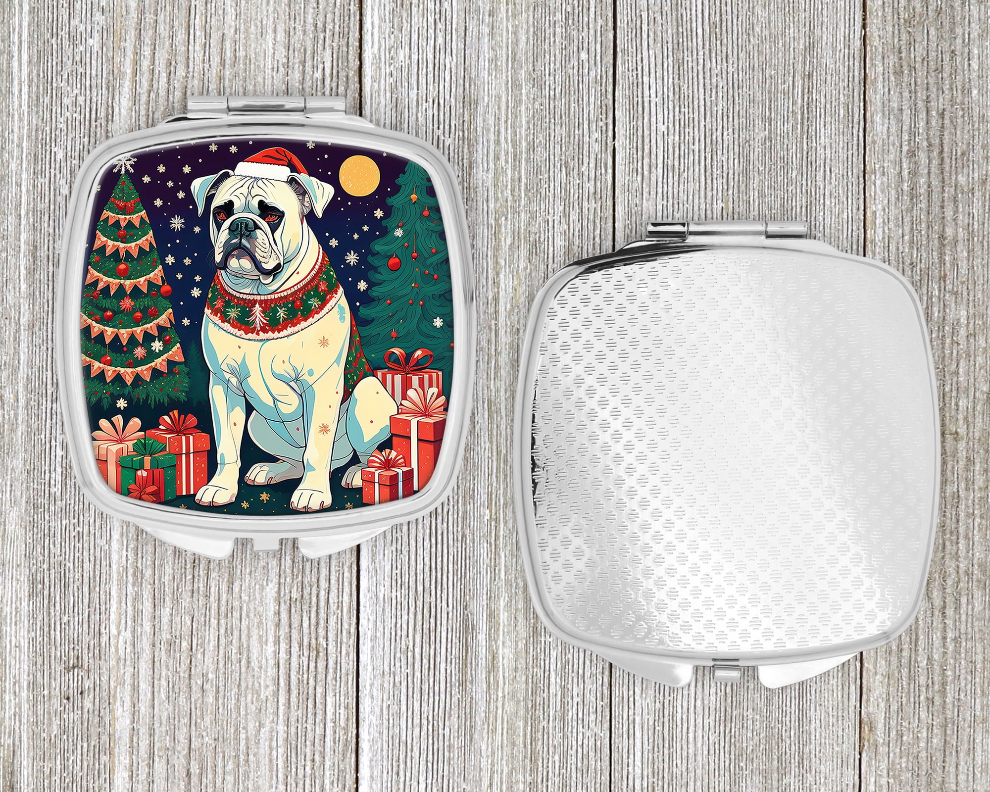 White Boxer Christmas Compact Mirror 2.75 in x 3 in