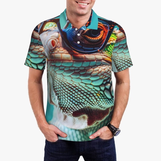 Fotbe Stylish Sunglasses Iguana Pattern Men’s Golf Polo Shirt – Breathable Performance Golf Shirt with Button-Down Collar-Large