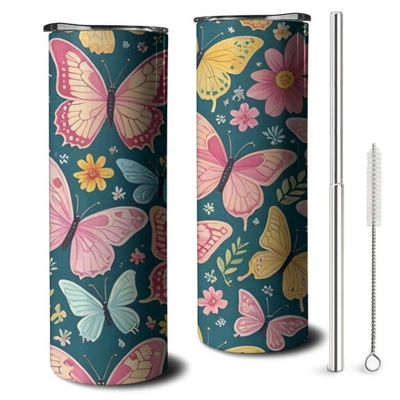 20oz Pink Butterfly Rose Daisy Green Pattern Skinny Tumblers Stainless Steel Tumbler with Lid and Straw,Vacuum Insulated Double Wall Travel Tumbler Cups with Cleaning Brush for Coffee,Tea