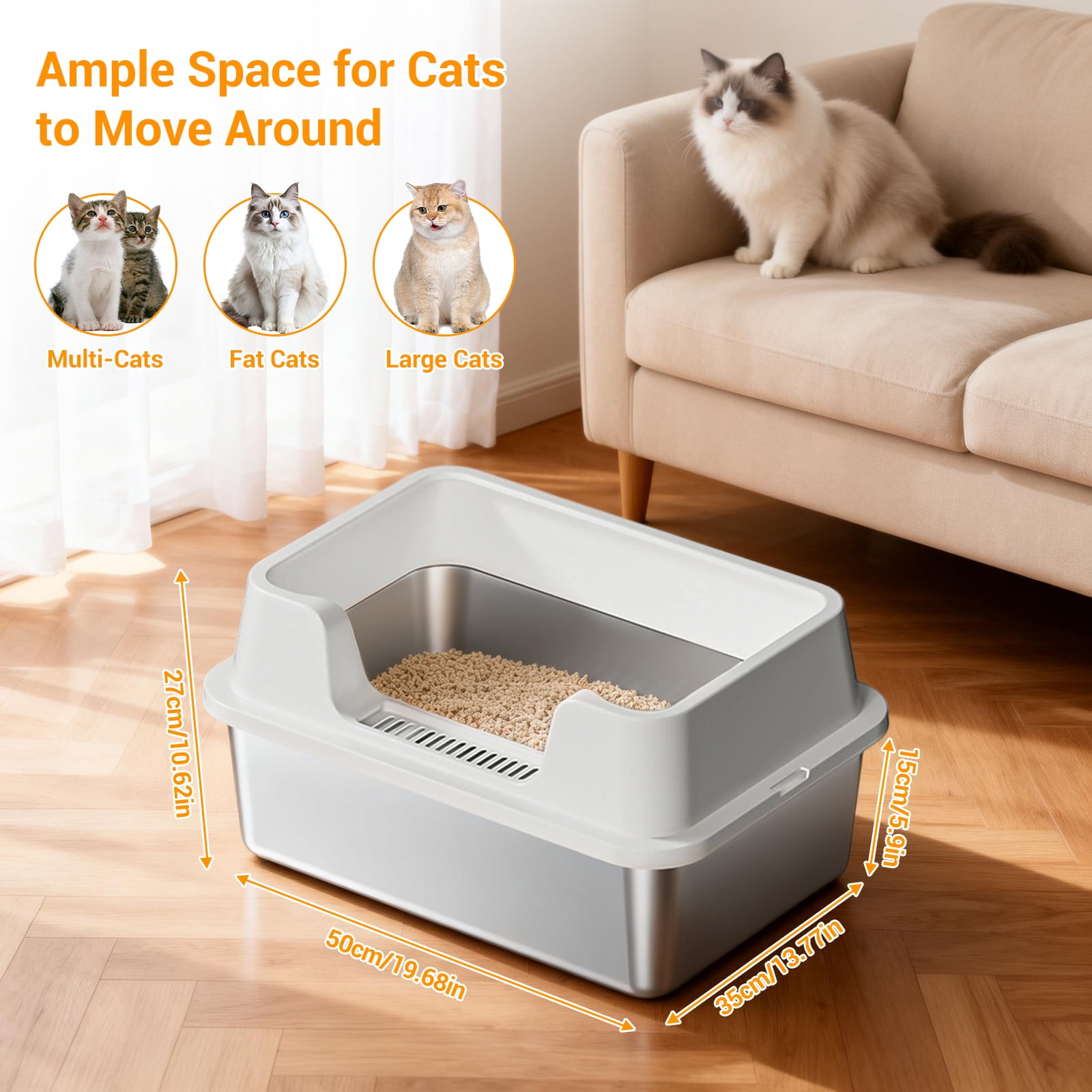 Stainless Steel Cat Litter Box - High-Sided, Non-Stick & Odor Resistant, Easy to Clean for Large Cats