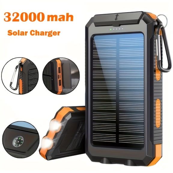 32000mAh Super Capacity Solar Charger with 2 LED Light Flashlight & Compass for Indoor Outdoor Camping Hiking, Portable Power Bank with 3-Outputs for iPhone/iPad/Android Phones-Orange