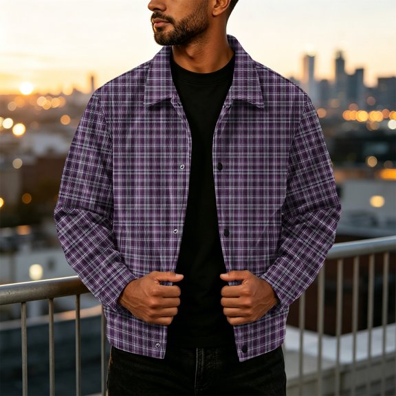 GrmtClth Retro Mens Plaid Vintage Plaid Collared Jacket Long Sleeve Snap Closure Oversized Fit Cool Weather Daily Coat Purple 2XL