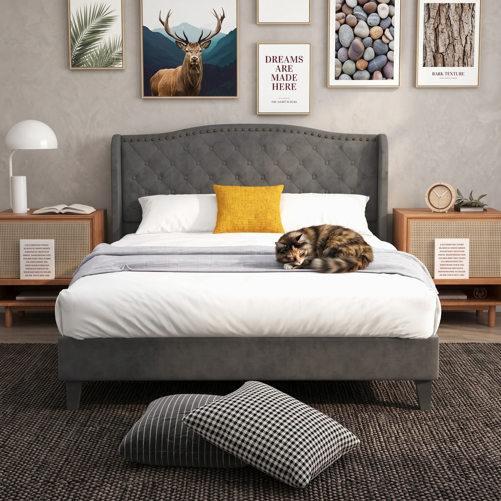 Furnibear Queen Bed Frame with Headboard, Velvet Upholstered Platform Bed Frame with Button Tufted Wingback and Nailhead Trim, No Box Spring, Gray