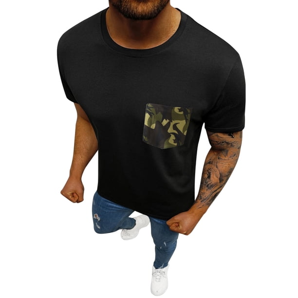 Hombres Casual Deportes Manga Corta Cuello Redondo Camuflaje Bolsillo Patchwork Camiseta Tops Pompotops oipoqjl33077
