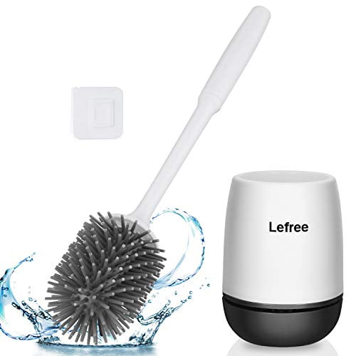 Ghopy Silicone Toilet Brush with Holder Set Flexible Toilet Brushes and Holders Sets Bathroom Toilet Brush and Quick Drying Holder Set Bristle Sturdy White No-Slip Long Plastic Handle 