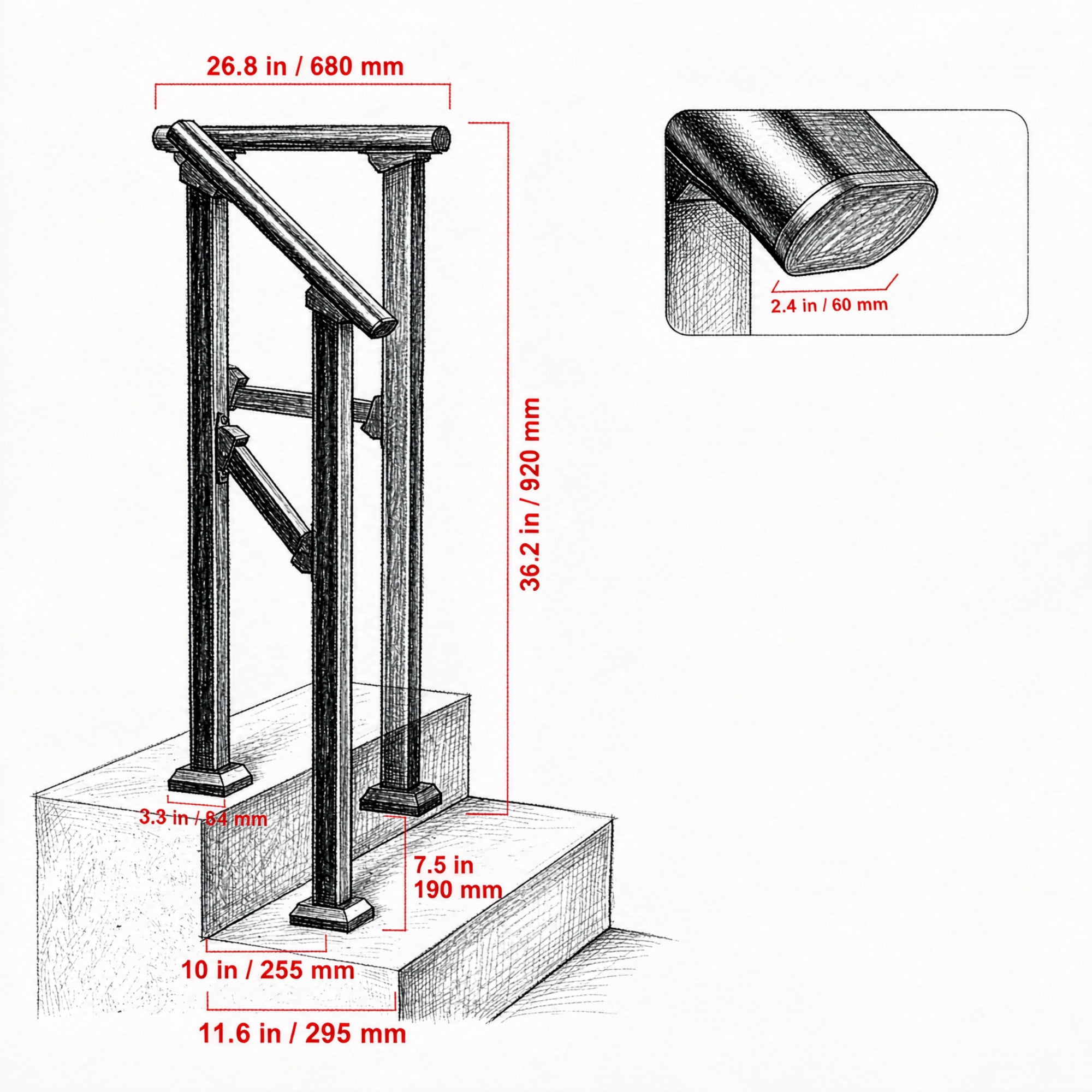 1-2 Step Stair Handrail Kit for Outdoor Steps, Black Square Tube Design, Stair Rails for Seniors, Concrete Steps, Porch & Deck