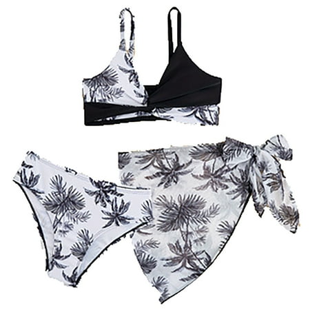 Toimothcn Girls Swimsuits Sleeveless Casual Hawaiian Floral Printed 3 Piece Bikini Set Quickly Dry Cover Up Swimwear 13-14 Years