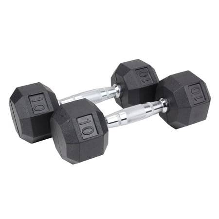 XPRT Fitness Rubber Coated Hex Dumbbells With Chrome and Textured Handle - 10 lb Pair
