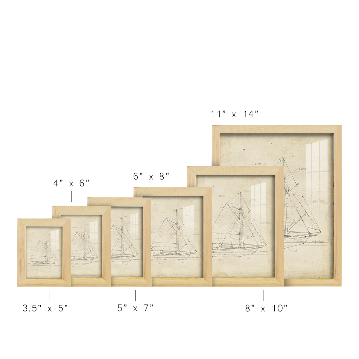 Sailboat Blueprint III -Framed Print w/glass-Natural Wood