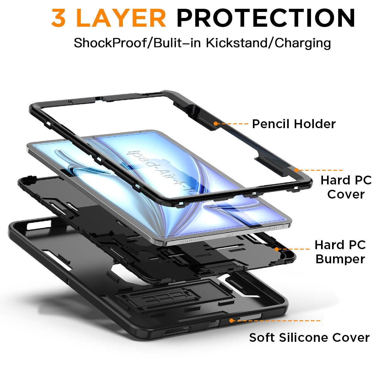AICase For iPad Air 11-inch M2 (2024), iPad Air 5th 4th Generation 10.9 inch 2022 2020 Case with Pencil Holder,Heavy Duty Shockproof Stand Cover Screen Protector