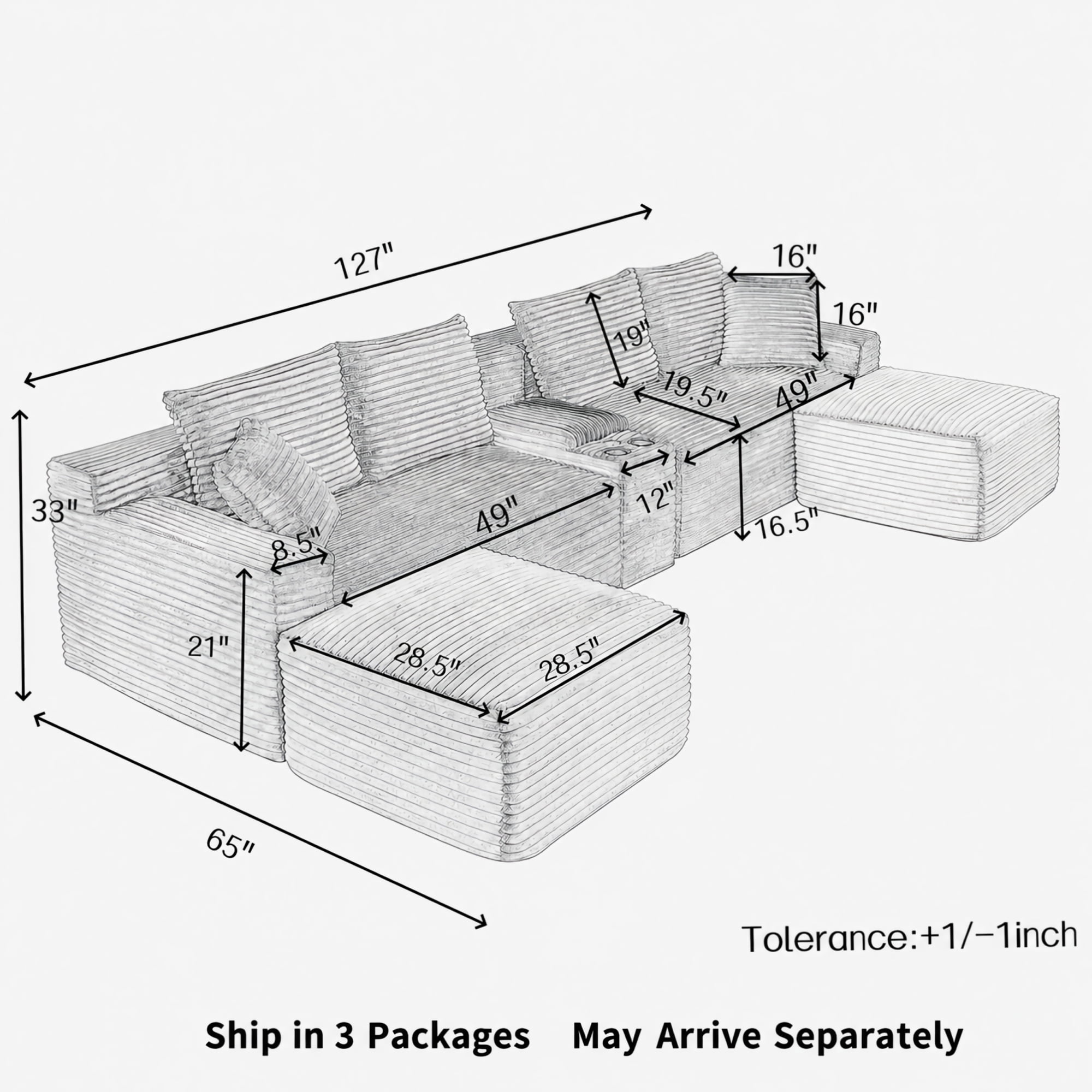 BSHTI 127" Corduroy U Shape Sectional Sofa with Console, Cup Holders, USB Port, 2 Ottomans for Living Room（Gray）