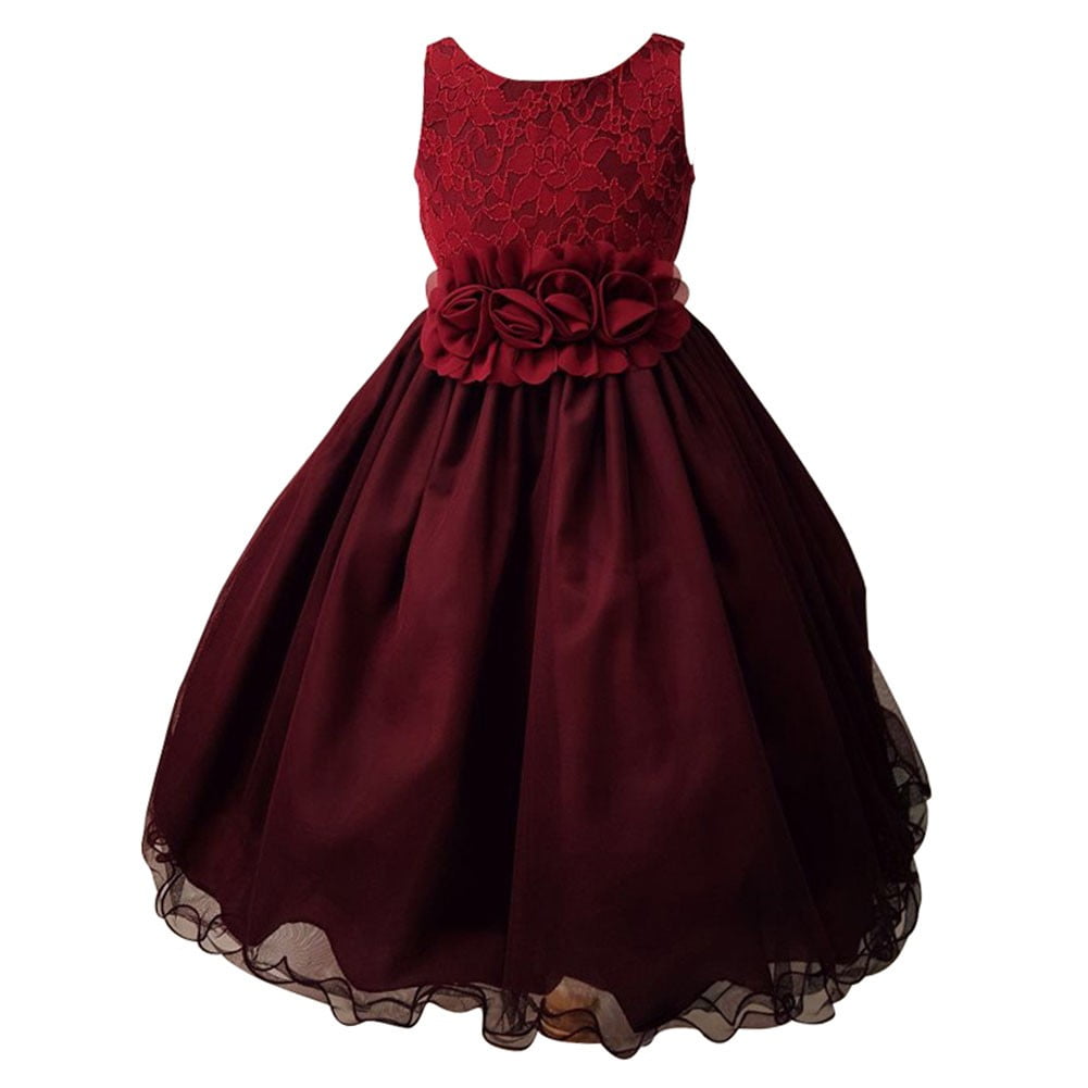 Girls Burgundy Lace Rosette Sash Overlaid Junior Bridesmaid Dress ...