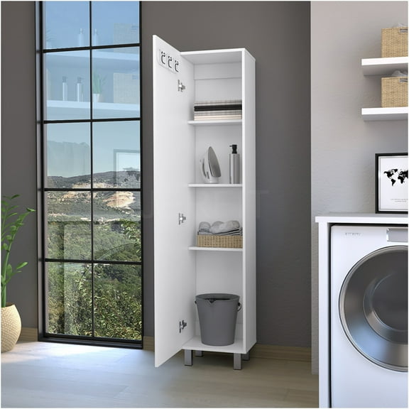 JERFIT 4-Tier Storage Cabinet with Locking Doors, White Laundry Organizer for Bedroom, Bathroom & Closet, Freestanding Particle Board Storage Shelf