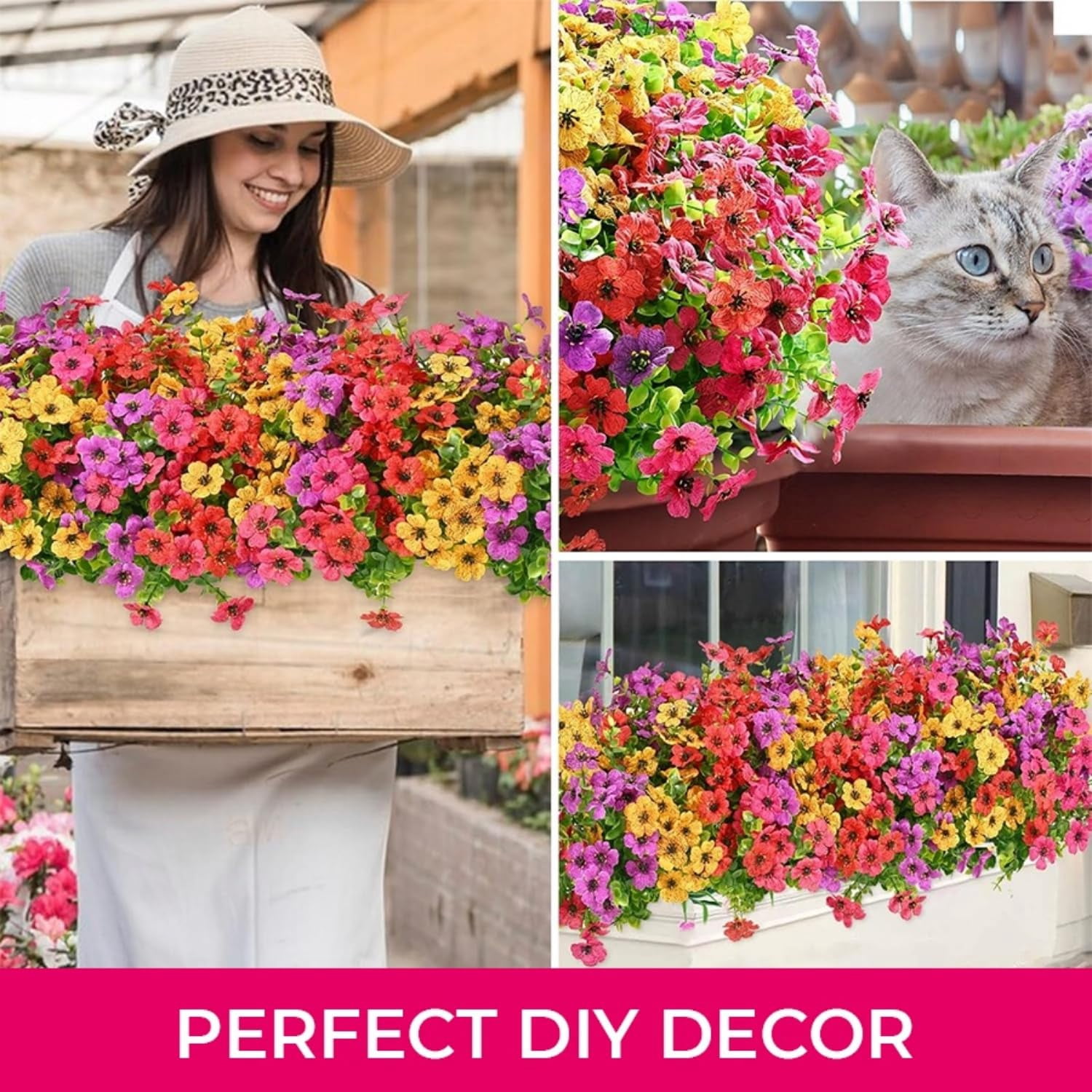 Artificial Outdoor Flowers UV Resistant, Mixed Color Faux Plants 12 Bundles, Realistic Plastic Flowers for Porch Patio Garden Yard Decor