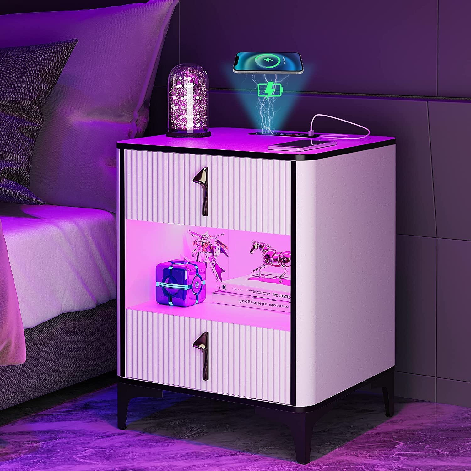 RGB LED Nightstand with Wireless Charging Station,Bedside Table with 20