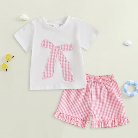 YWIYIUD Girls 2 Piece Outfits Toddler Baby Girl Summer Outfit Bow Embroidery Short Sleeve T-Shirt Plaid Ruffle Shorts Set InfantSummer Clothes Outfits Girl Summer Clothing Pink 18-24M