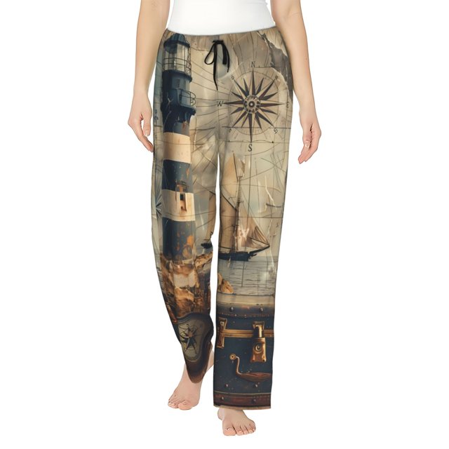 Balery Vintage Nautical Lighthouse Pantalones de pijama para mujer, pijamas ultraligeros, pantalones de estar por casa-Large