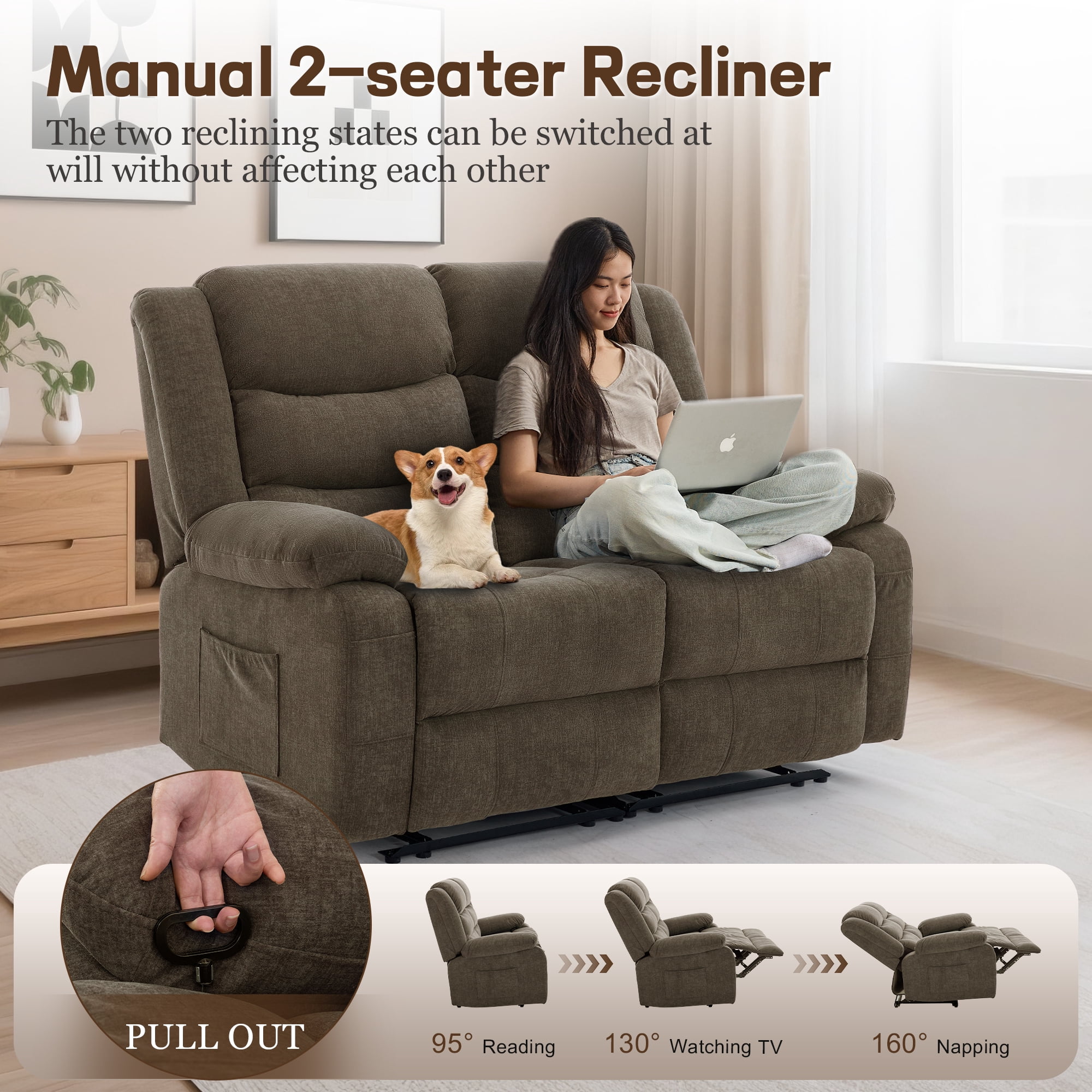 Korser Oversized Loveseat Recliner Sofa with Front Pockets and Side Pockets for Living Room,Home Theater,Brown