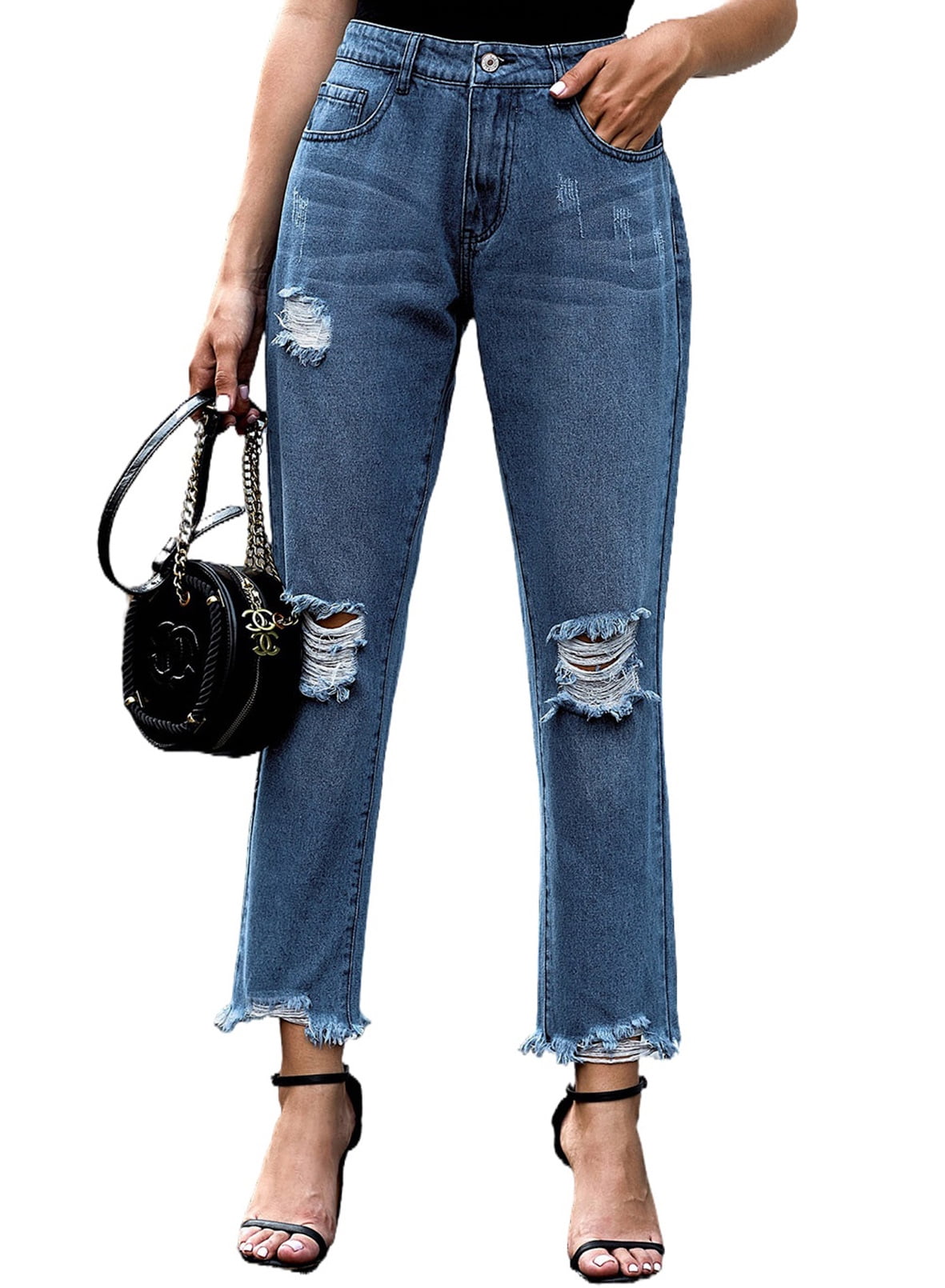 High Waist Skinny Stretch Ripped Jeans for Women Destroyed Denim Cropped Pants. 