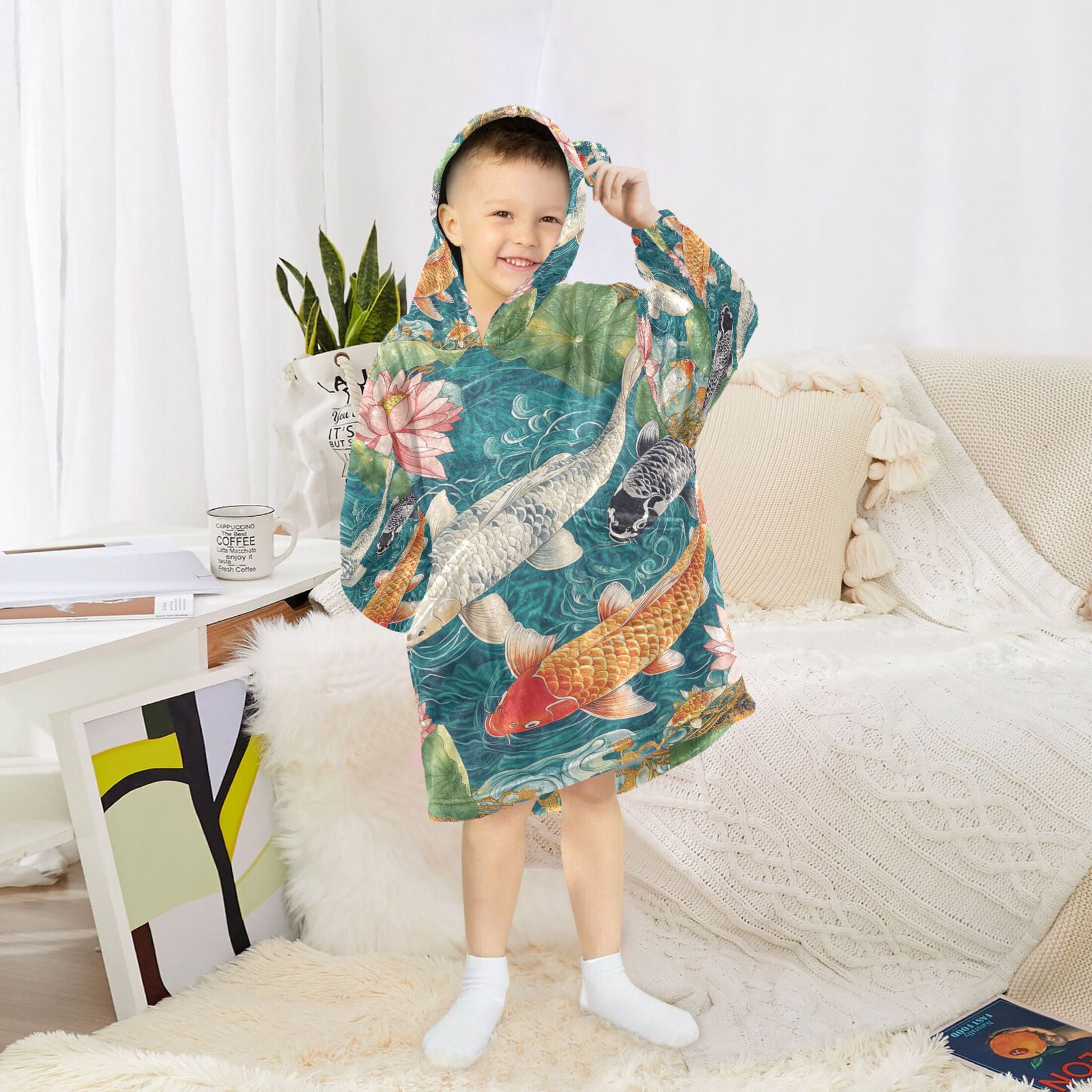 YAZAOO Kids Wearable Blanket Hoodie Warm and Cozy Koi Harmony Flannel Sweatshirt