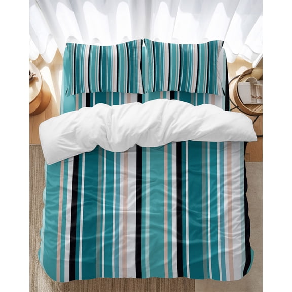 Teal Beige Bedding Duvet Cover Set Twin Size 4 Pieces Stripe Abstract Geometric Modern Art Bedding Set with Zipper Closure, 1 Comforter Cover 68x90 Inches 1 Flat Sheet & 2 Pillow Cases