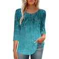 thumbnail image 6 of BangWanChi Women's New 3/4 Sleeve Round Neck Cover Casual Pleated Tunic Top Curved Hem Printed Fashion Tops, 6 of 6