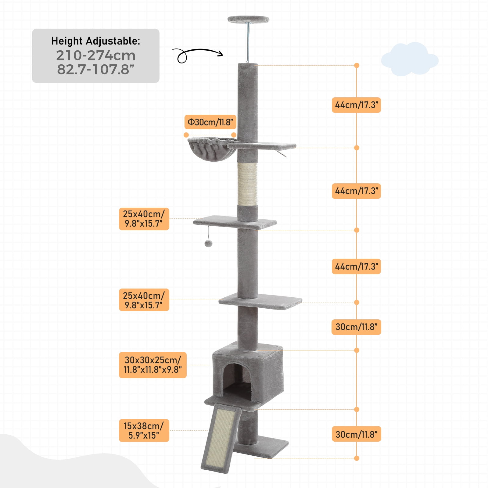 Pefilos 5 Tiers Cat Tree Floor to Ceiling, Adjustable Height (83"-108") Climbing Cat Tower for Indoor Cats with Condo, Scratching Post, Gray