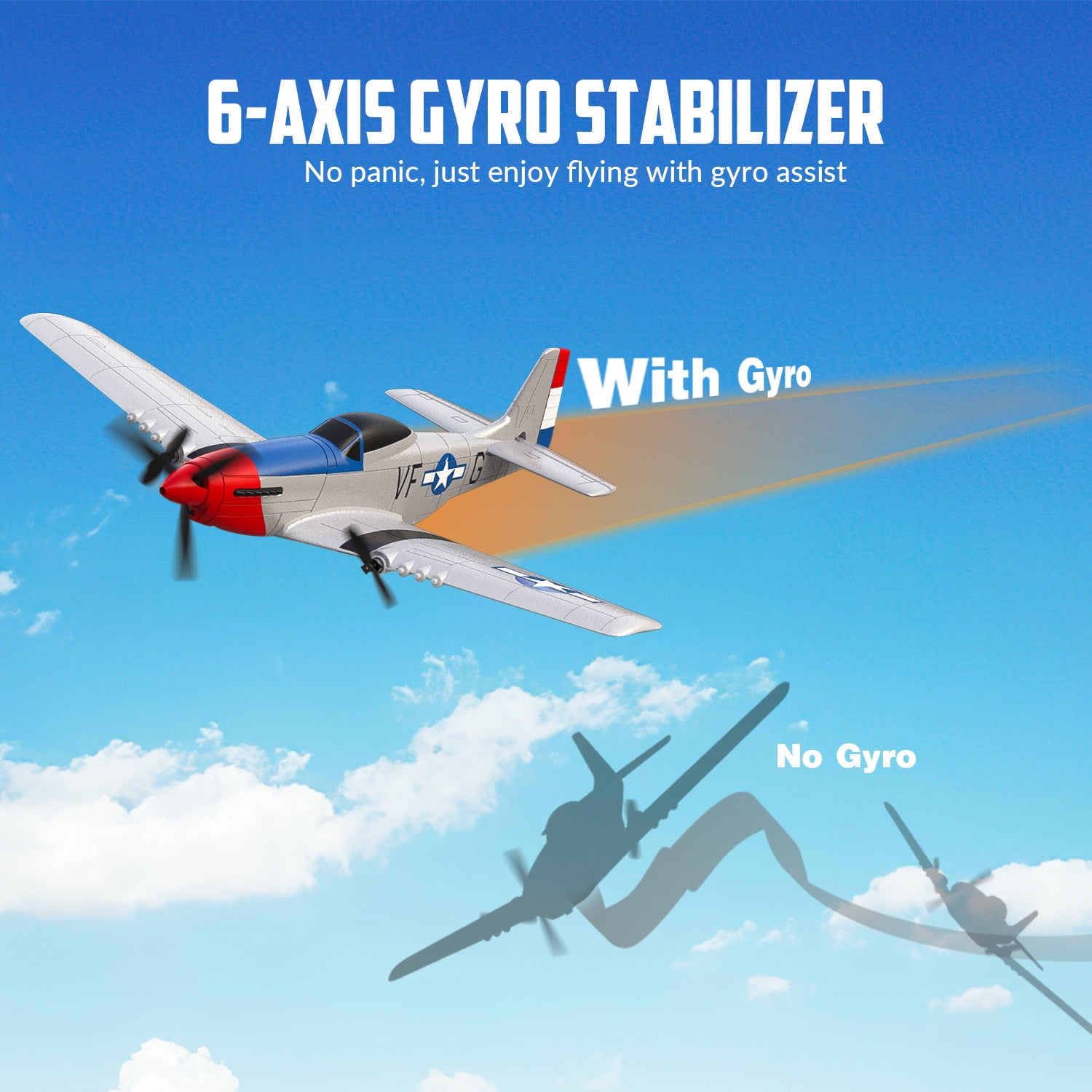 Bruce&Shark RC Plane, 3-CH P-51D Mustang Remote Control Airplane for Adults, 6-Axis Gyro, Easy to Fly, Suitable for Outdoor Activity