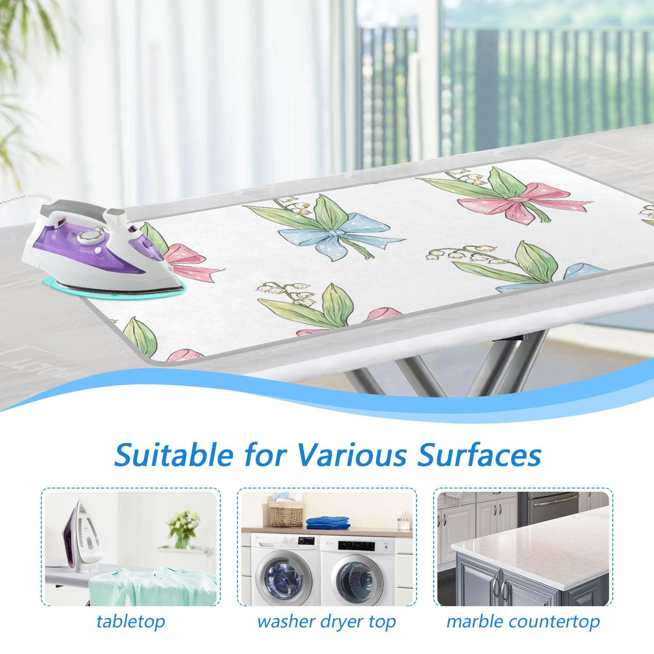 Pastel Bows on Flowers Ironing Mat Blanket Portable Travel Ironing Pad Heat Resistant Pad 47.2" x 27.6”