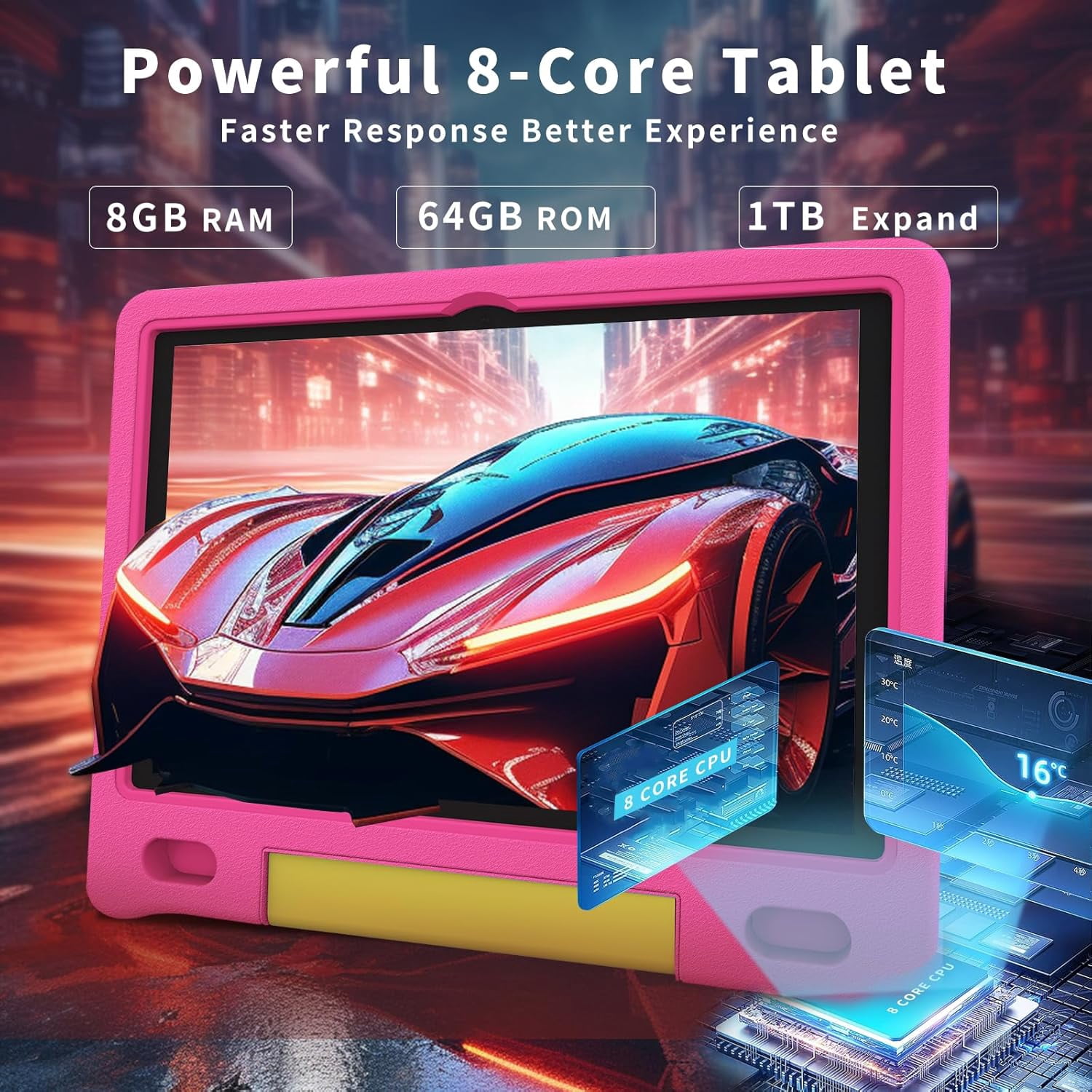 Kids Tablet with Strap, Android 14 Tablet for Kids 10 inch , Toddler Tablet Octa-Core 64GB 1TB Expandable, Children's Tablet with Case, Bluetooth WiFi Parental Control Dual Camera, 12-hr battery